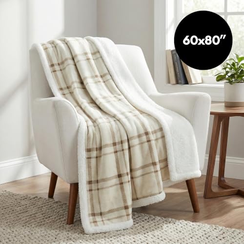 Cream Fleece Sherpa Throw Blanket 60x80 Inches Tattersall Design