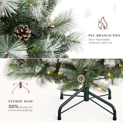 Prelit Christmas Tree 4.5ft with Pine Cones & Frosted Tips - Green, Partially Frosted 4ft 6in