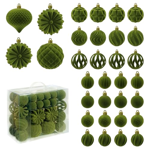 Velvet Christmas Ornaments Set 48pcs Green Shatterproof Holiday Decorations