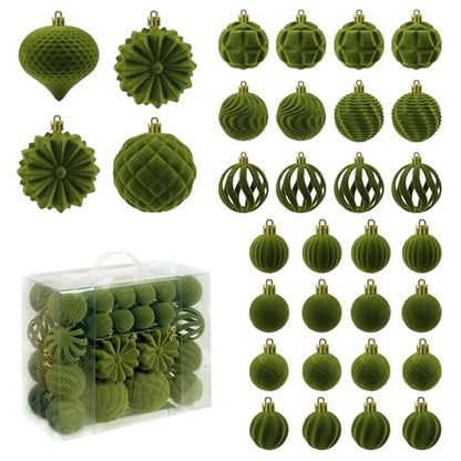Velvet Christmas Ornaments Set 48pcs Green Shatterproof Holiday Decorations