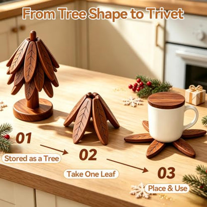Brown Wooden Christmas Tree Trivet Set - Stackable Hot Dish Protectors