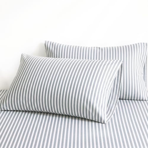 Sage Gray Pillowcases Queen Size Set of 2 - Cotton Sateen with White Stripes, 300TC