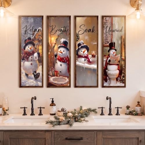 Christmas Snowman Bathroom Wall Decor Set - 4 Pcs Holiday Wall Signs - Unwind, Relax, Breathe
