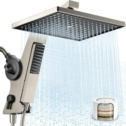 MakeFit Filtered Rain Shower Head with Handheld Combo - Nickel Brushed, High Pressure, 12-Inch Dual Showerheads & Hidden Detachable Wand for Hard Water