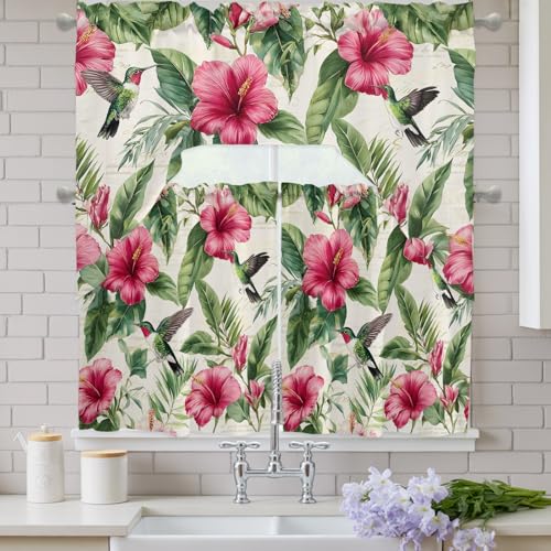 Red Flower Swag Kitchen Curtains Set - 3 Piece Summer Valance & Tier, 56 x 36 Inches, Variation of 27.5W x 24L