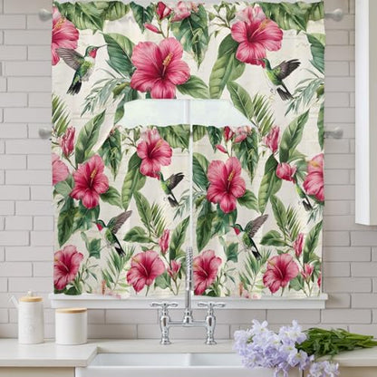 Red Flower Swag Kitchen Curtains Set - 3 Piece Summer Valance & Tier, 56 x 36 Inches, Variation of 27.5W x 24L