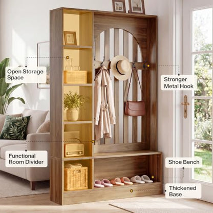 Room Divider with Storage Shelves and Bench - Freestanding Coat Rack & Open Shelves