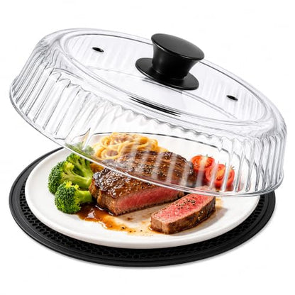 Black Glass Microwave Cover 10 Inch Splatter Guard with Silicone Mat & Vent Holes