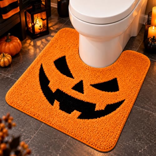 Halloween Pumpkin Bathroom Rug - U-Shaped Toilet Mat, Non-Slip, 20x24 Inch