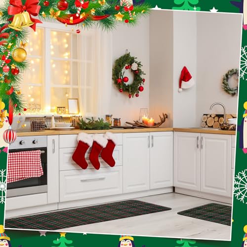 Green Tartan Christmas Kitchen Mat Set - Holiday Door and Floor Rugs