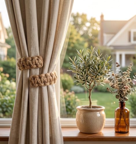 Outdoor Curtain Tiebacks Braided Rope Set - Rustic Boho Style, No-Drill Installation