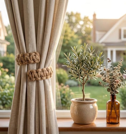 Outdoor Curtain Tiebacks Braided Rope Set - Rustic Boho Style, No-Drill Installation