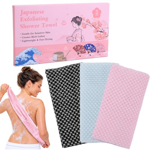Exfoliating Washcloth Back Scrubber 3 Pcs - Black Blue Pink Japanese Shower Towels