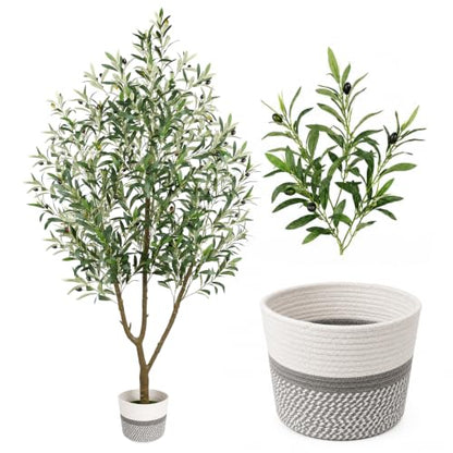 6FT Artificial Olive Tree with Woven Basket - Realistic Indoor Decor