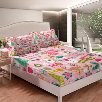Kids King Christmas Tree Sheet Set Pink Deep Pocket - Holiday Bedding