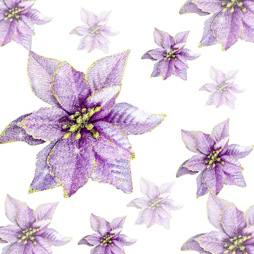 Christmas Glitter Poinsettia Ornaments Pack of 12 - Purple Holiday Tree Decorations
