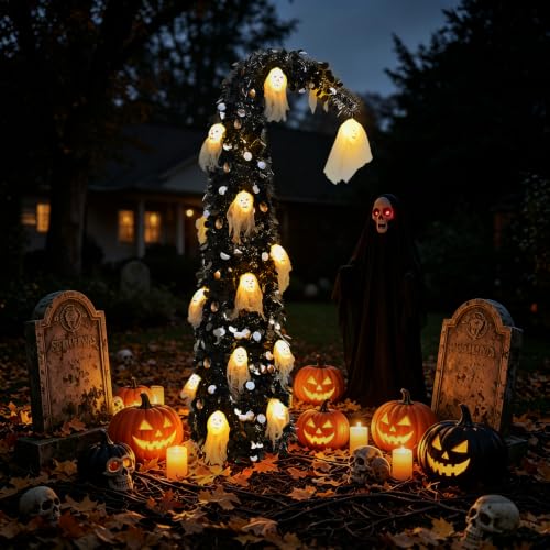 Black Halloween Tree with Ghost Skull Lights - 5ft Pop Up Tinsel Tree - Variation: Ghost Skull