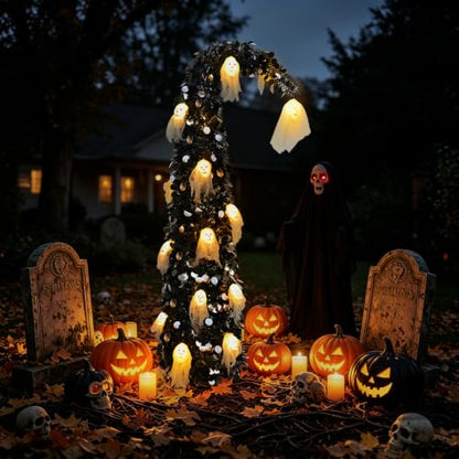 Black Halloween Tree with Ghost Skull Lights - 5ft Pop Up Tinsel Tree - Variation: Ghost Skull