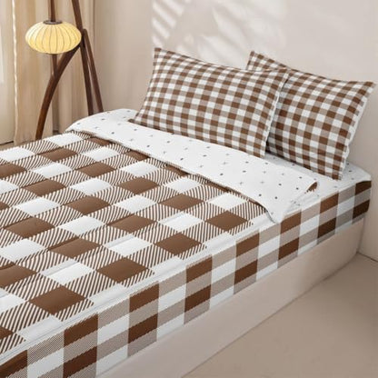 Plaid Zipper Comforter Set Twin Size - Brown White Bedding with Fitted Sheet & Pillowcases