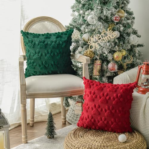 Christmas Pet Dog Paws Throw Pillow Covers 18x18 Inch Set of 2 - Red & Green Faux Fur
