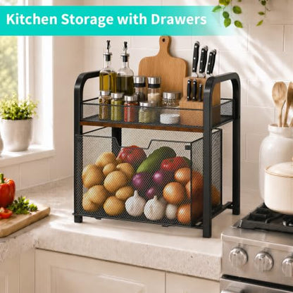 2-Tier Rolling Pantry Organizer Cart with Mesh Drawer - Black
