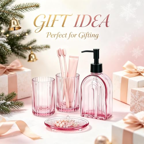 Pink Glass Bathroom Accessories Set with Toothbrush Holder - 14oz