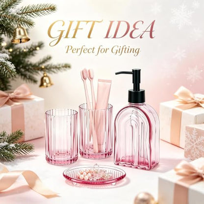 Pink Glass Bathroom Accessories Set with Toothbrush Holder - 14oz