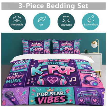 Kpop Music Love Life Better With Kpop Duvet Cover Set Queen Size 90x90 - 3 Piece with Pillowcases