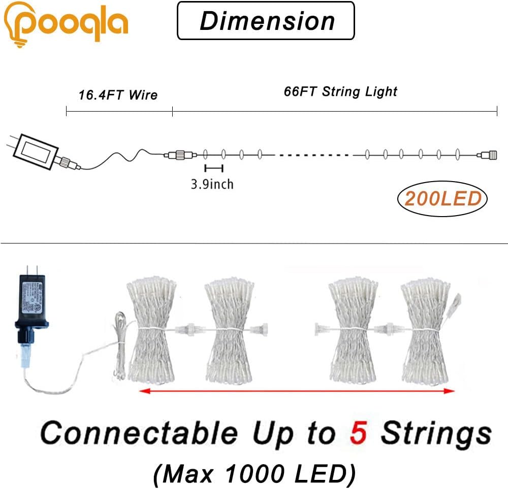 Skiennix Warm White String Lights - 66 ft, 200 LED Indoor/Outdoor Twinkle Fairy Lights for Holiday Decor