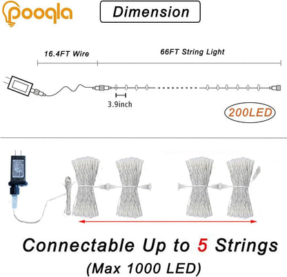 Skiennix Warm White String Lights - 66 ft, 200 LED Indoor/Outdoor Twinkle Fairy Lights for Holiday Decor