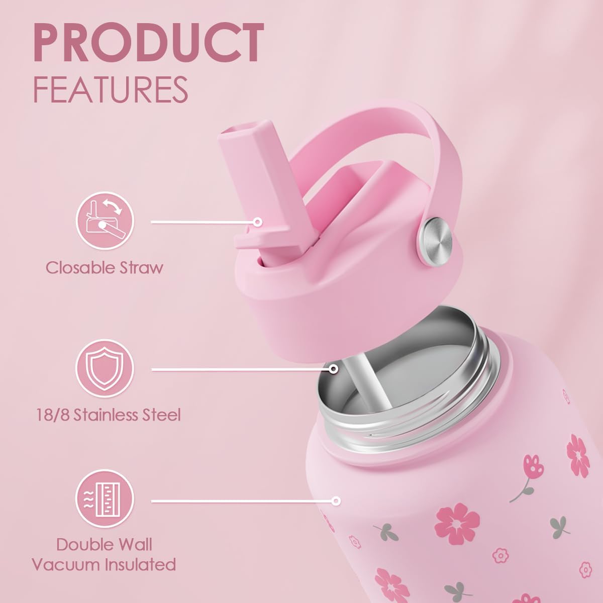 Skiennix 32oz Stainless Steel Floral Water Bottle - Insulated Design for Women & Girls | Perfect Gift Idea