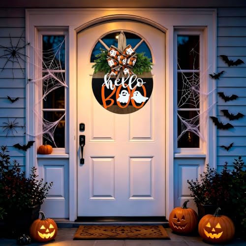 Halloween Ghost Wreath with Bow Decor - Front Door Halloween Decoration