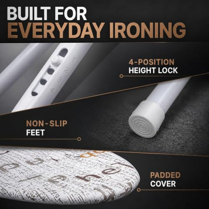 White Ironing Board with Sleeve Board - Foldable, 4 Heights, 42 x 12 in