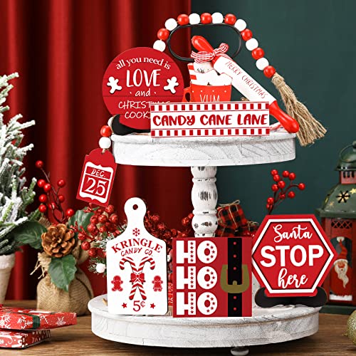 Christmas Tiered Tray Decor Set - Wooden Holiday Tabletop Signs, 7 Pieces
