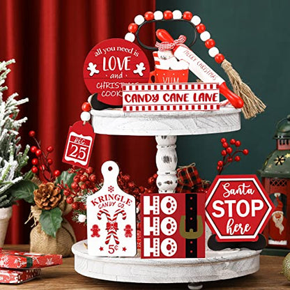 Christmas Tiered Tray Decor Set - Wooden Holiday Tabletop Signs, 7 Pieces