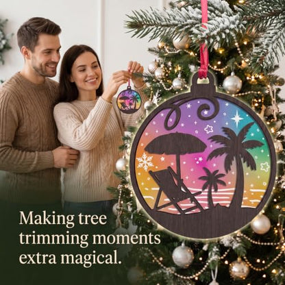 Beach Palm Christmas Ornament - Coastal Holiday Tree Decor, 4 Inch Plywood & Frosted Acrylic
