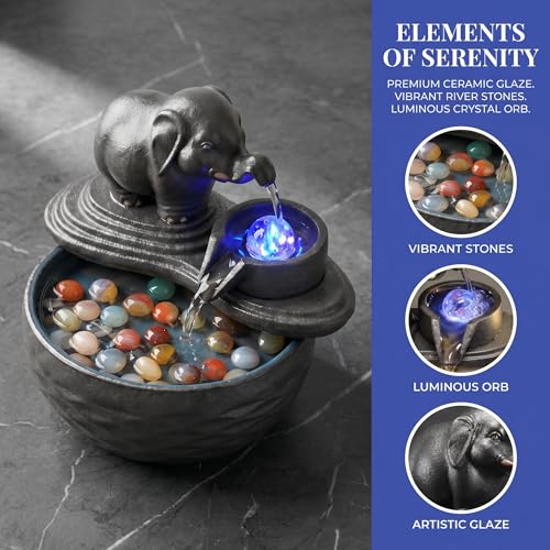 Ceramic Elephant Water Fountain with LED Light and Crystal Accents - Small Indoor Decor