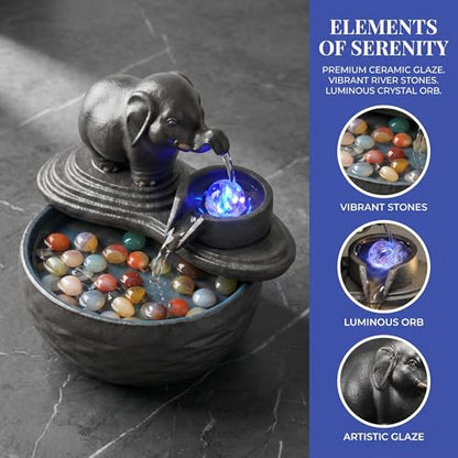 Ceramic Elephant Water Fountain with LED Light and Crystal Accents - Small Indoor Decor