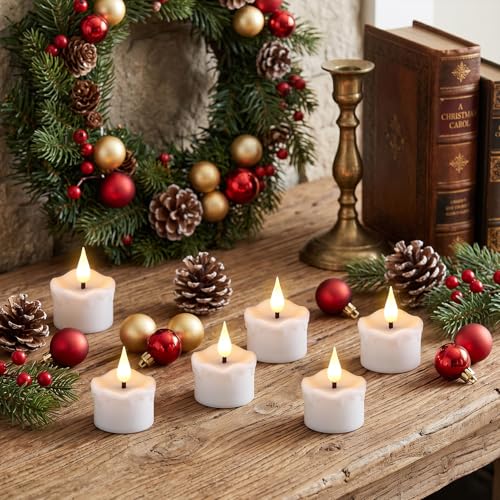 Rechargeable White Wax Tea Lights Candles with Remote Control - 12 Pack - D-White-12