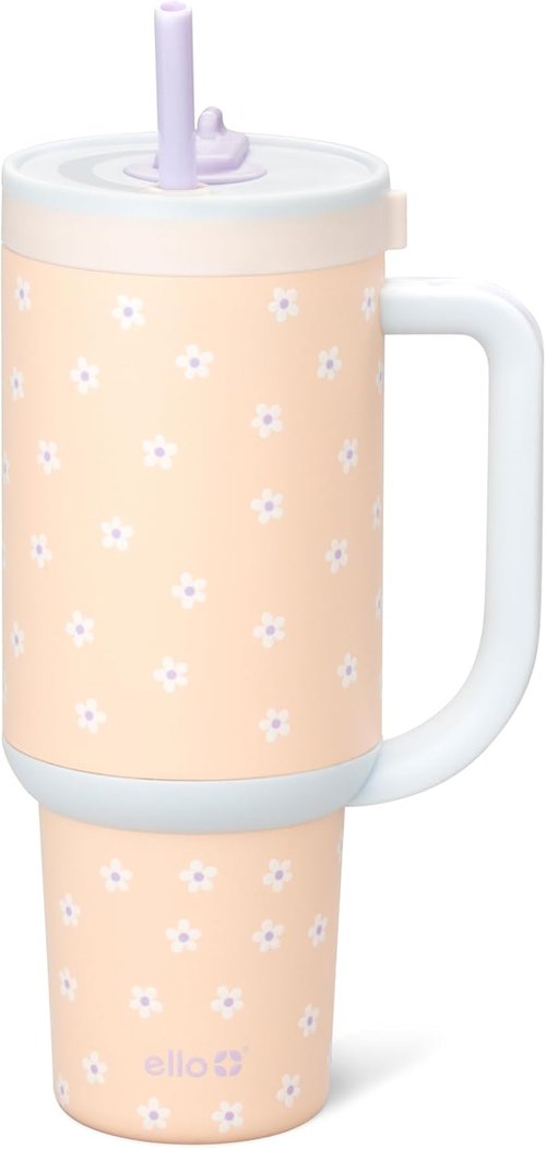 Ello Oasis 40 oz Tumbler - Insulated Stainless Steel Cup with Handle & Straw | 24-Hour Cold Retention, Daisies