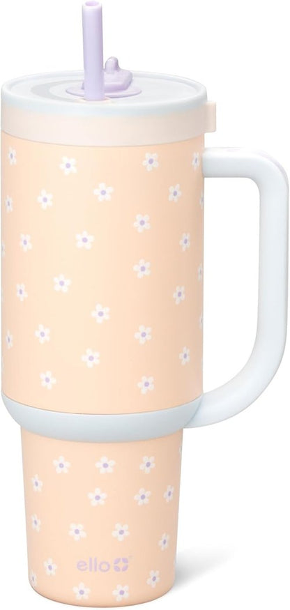 Ello Oasis 40 oz Tumbler - Insulated Stainless Steel Cup with Handle & Straw | 24-Hour Cold Retention, Daisies