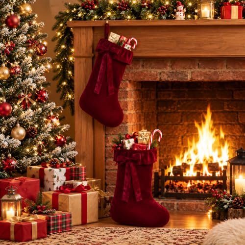 2PCS Extra Large Velvet Christmas Stockings 20 Inch Burgundy with Bow