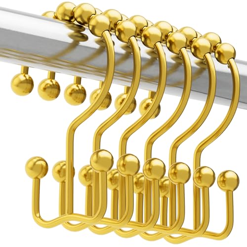 Titanker Shower Curtain Hooks Rings, Rust-Resistant Metal Double Glide Shower Hooks for Bathroom Shower Rods Curtains, Set of 12 Hooks - Lightcyan