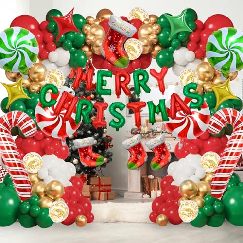Christmas Balloon Garland Kit with Red Green Gold Foil Balloons & Candy Cane Decor