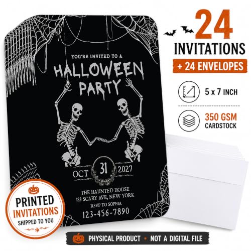 Personalized Halloween Party Invitations with Envelopes, 24 Pack - Thick 5x7 Spooky Skeletons & Cobweb Design