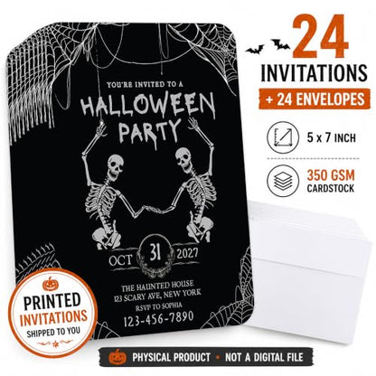 Personalized Halloween Party Invitations with Envelopes, 24 Pack - Thick 5x7 Spooky Skeletons & Cobweb Design