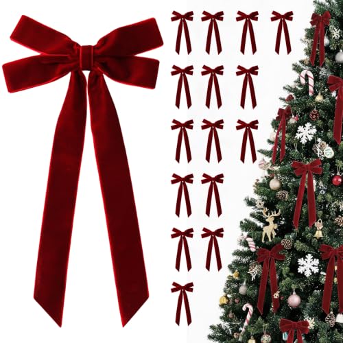 16PCS Burgundy Velvet Christmas Bows for Tree & Holiday Decor