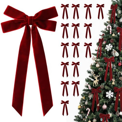 16PCS Burgundy Velvet Christmas Bows for Tree & Holiday Decor