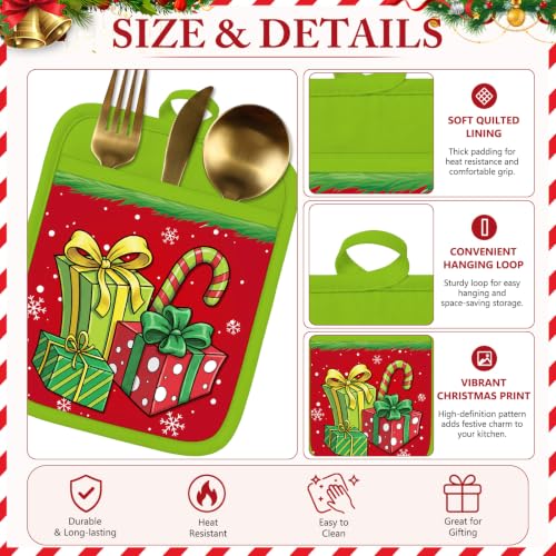 Christmas Pot Holders with Pockets - Red Green Elf Holiday Kitchen Accessories - Funny Variation