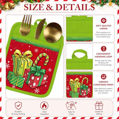 Christmas Pot Holders with Pockets - Red Green Elf Holiday Kitchen Accessories - Funny Variation